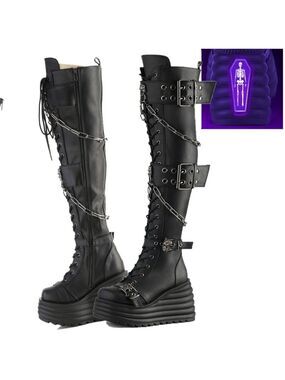 Demonia Morty Thigh High Platform Goth Punk Rocker Boots Stretch Big Buckles